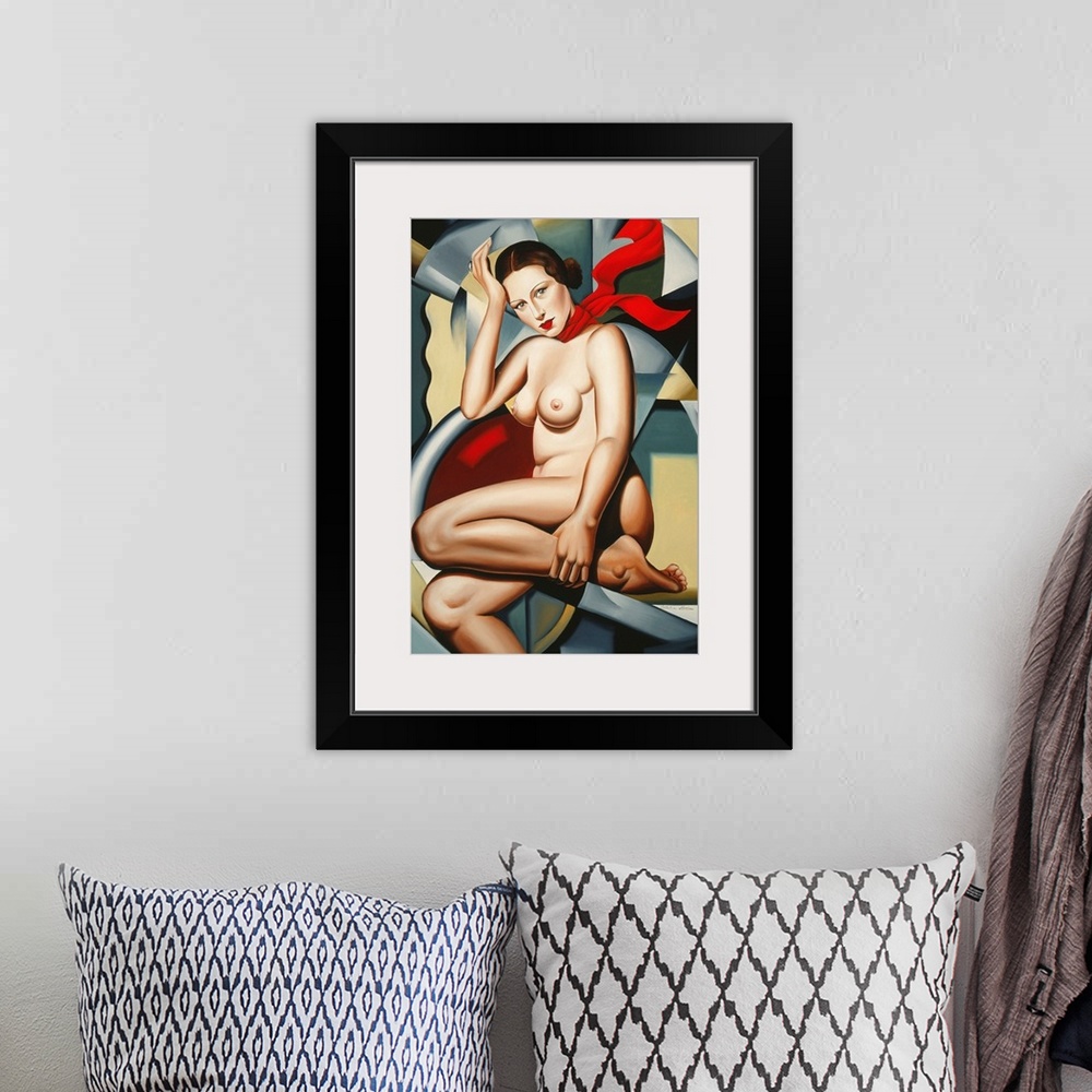 A bohemian room featuring Contemporary painting of a nude woman with a brightly colored scarf.