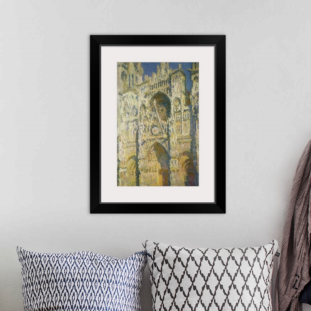 A bohemian room featuring Classic artwork of a painted cathedral that shows different textures.