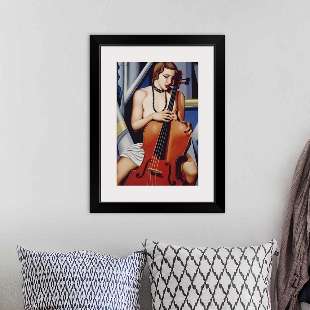 A bohemian room featuring Big vertical contemporary artwork of a topless woman holding onto a cello as she gazes downward. ...
