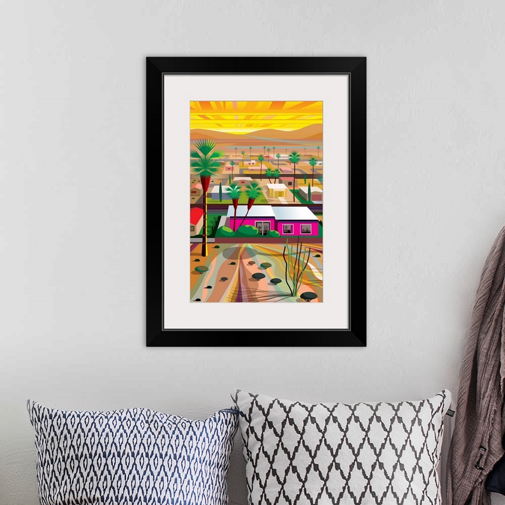 A bohemian room featuring Vertical digital illustration of an Arizona town with homes in the middle of the desert and tall ...