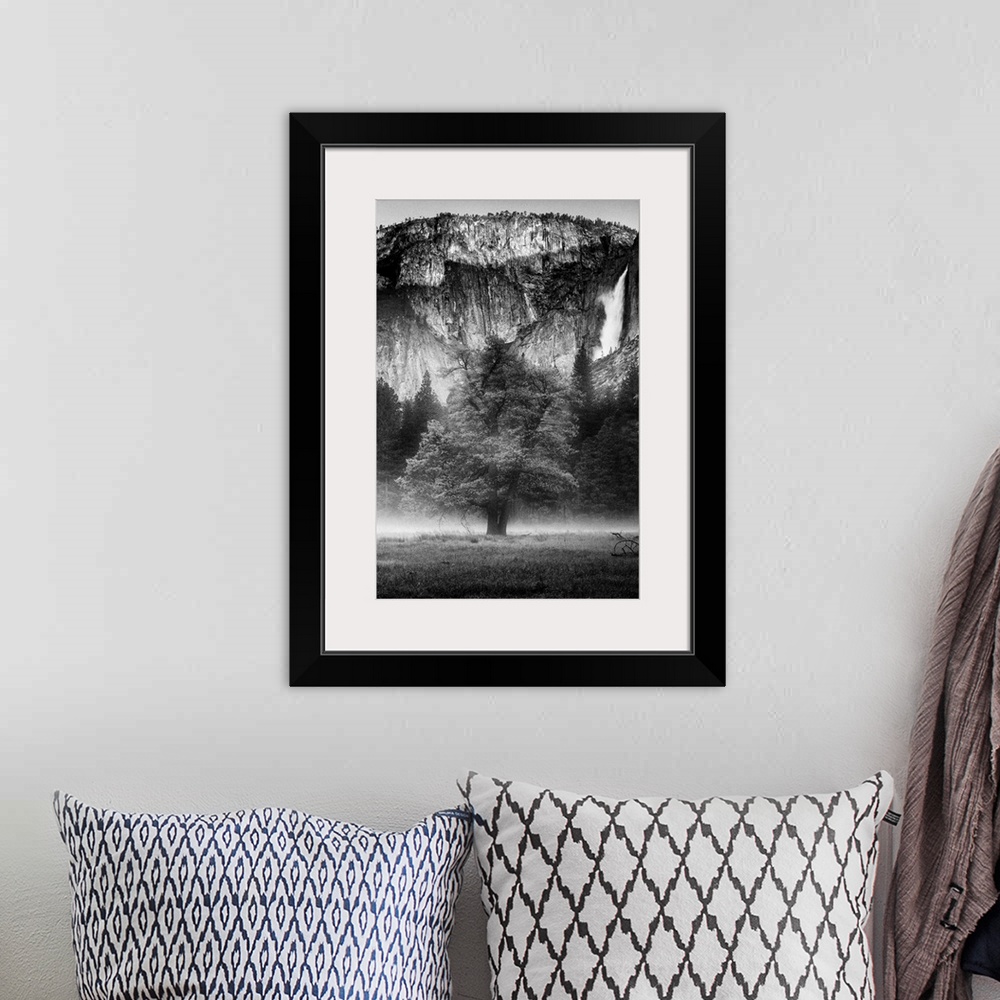A bohemian room featuring North America, USA, California, Yosemite National Park.  Black and White image of  mist among the...