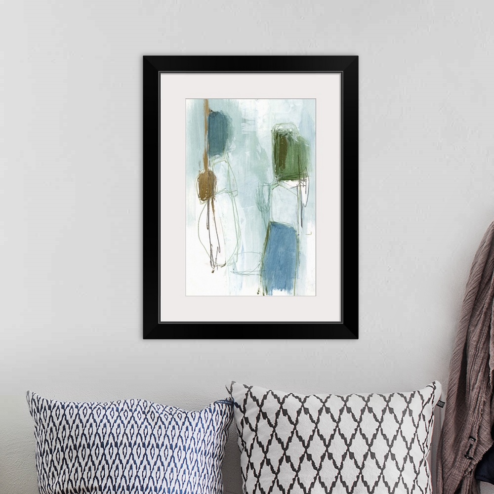 A bohemian room featuring A contemporary abstract painting of globular shapes in muted against a pale blue background.