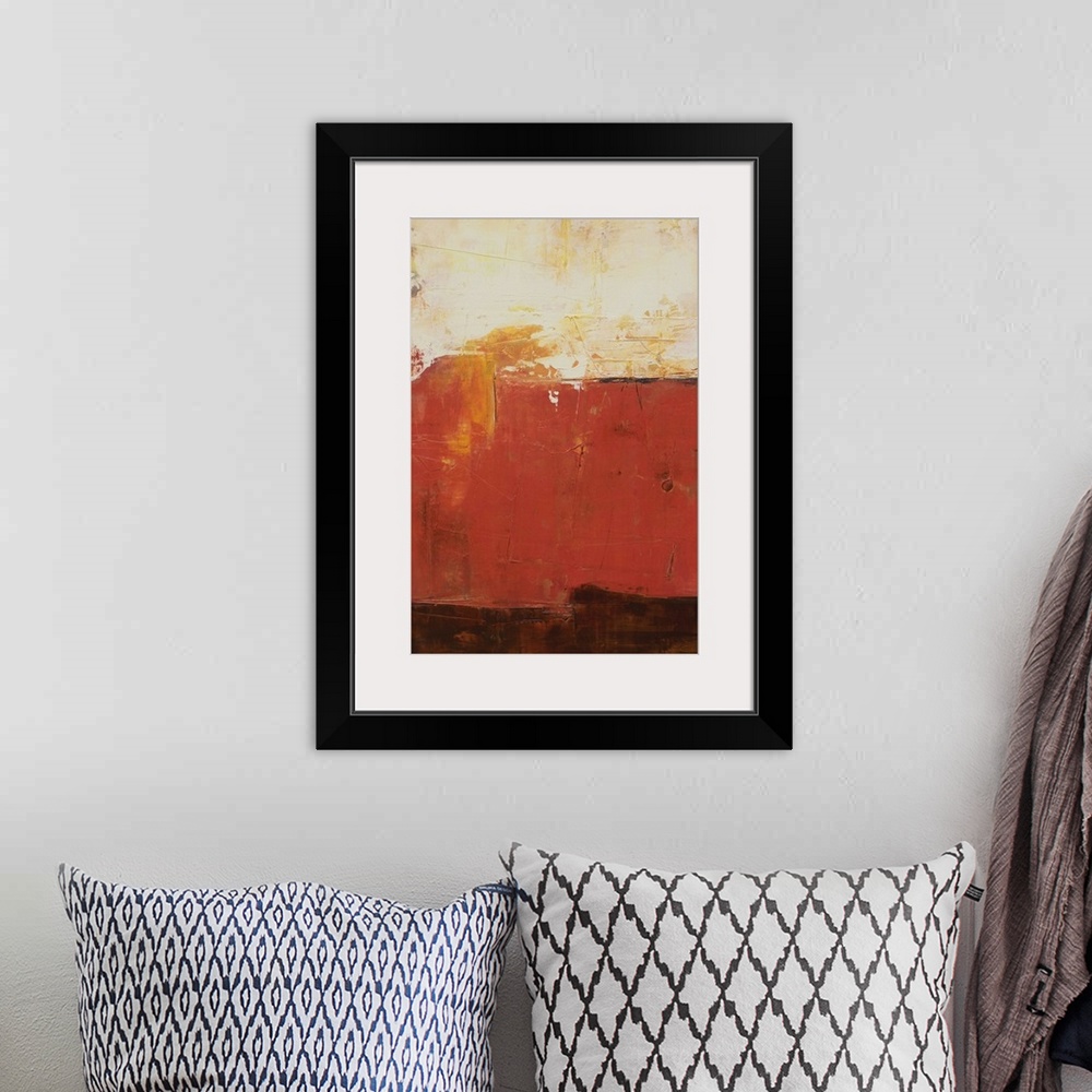 A bohemian room featuring Abstract contemporary art print in color blocks of brown and rust.