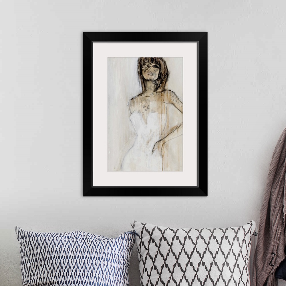 A bohemian room featuring A contemporary abstract painting of a brunette woman wearing a white strapless dress with her han...