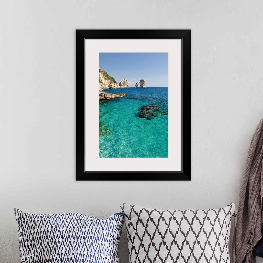 A bohemian room featuring Italy, Campania, Capri, Marina Piccola beach, view towards Faraglioni