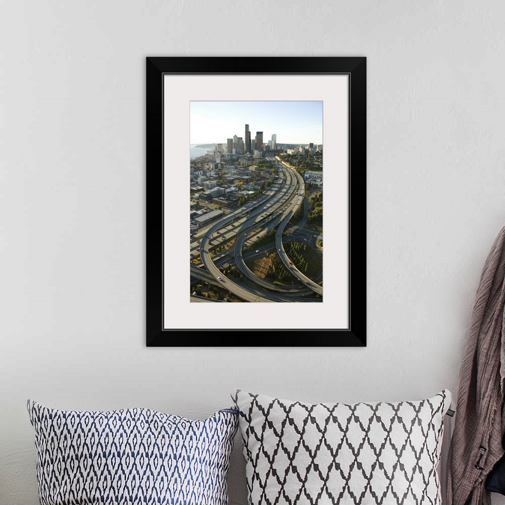 A bohemian room featuring Aerial view of Seattle freeways and downtown