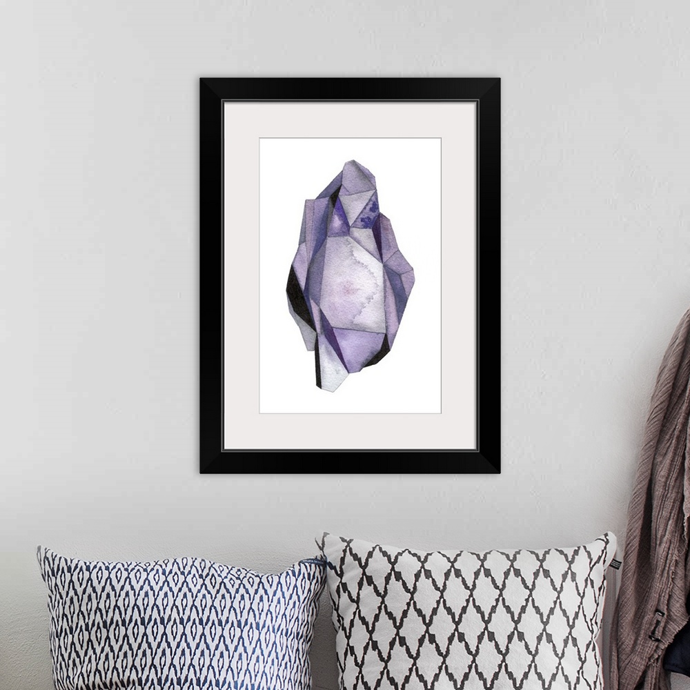 A bohemian room featuring A contemporary abstract watercolor painting of an amethyst colored crystal-like shape.