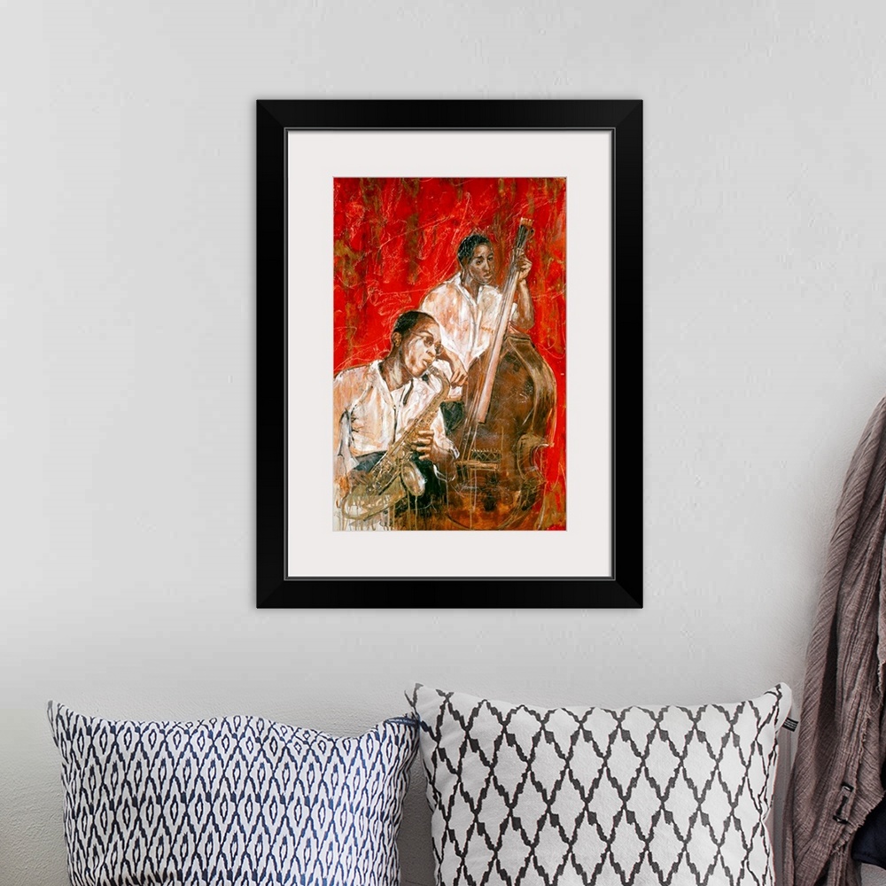 A bohemian room featuring Vertical, large contemporary painting of two African American Jazz musicians, one playing the sax...