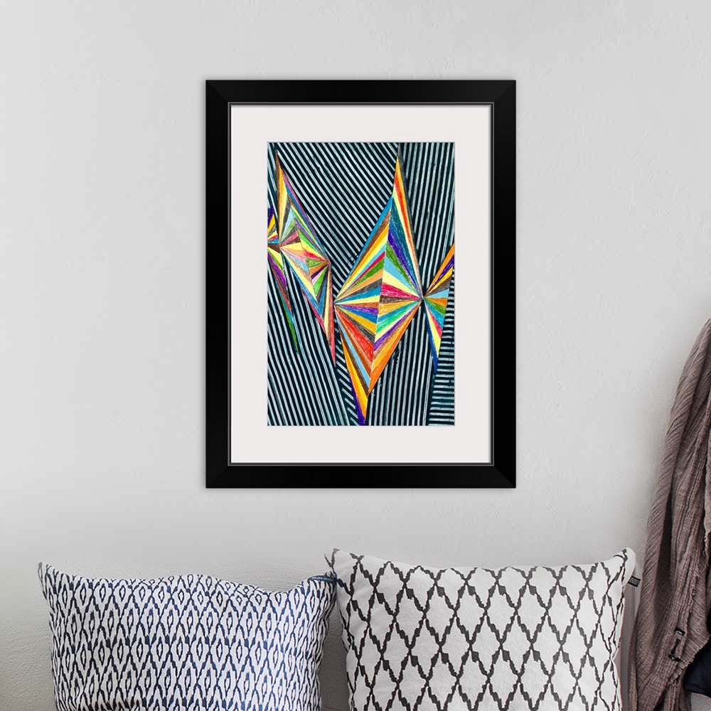 A bohemian room featuring Abstract geometric design in bright rainbow colors.