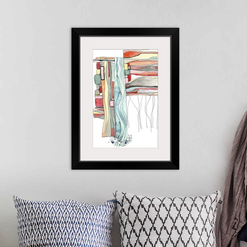 A bohemian room featuring Contemporary abstract watercolor painting in layers of bright colors.