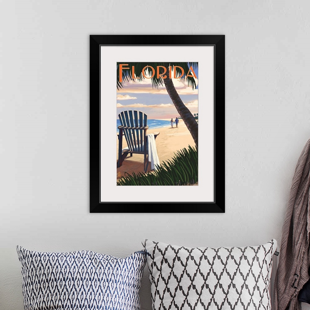 A bohemian room featuring Adirondack Chairs and Sunset - Florida: Retro Travel Poster