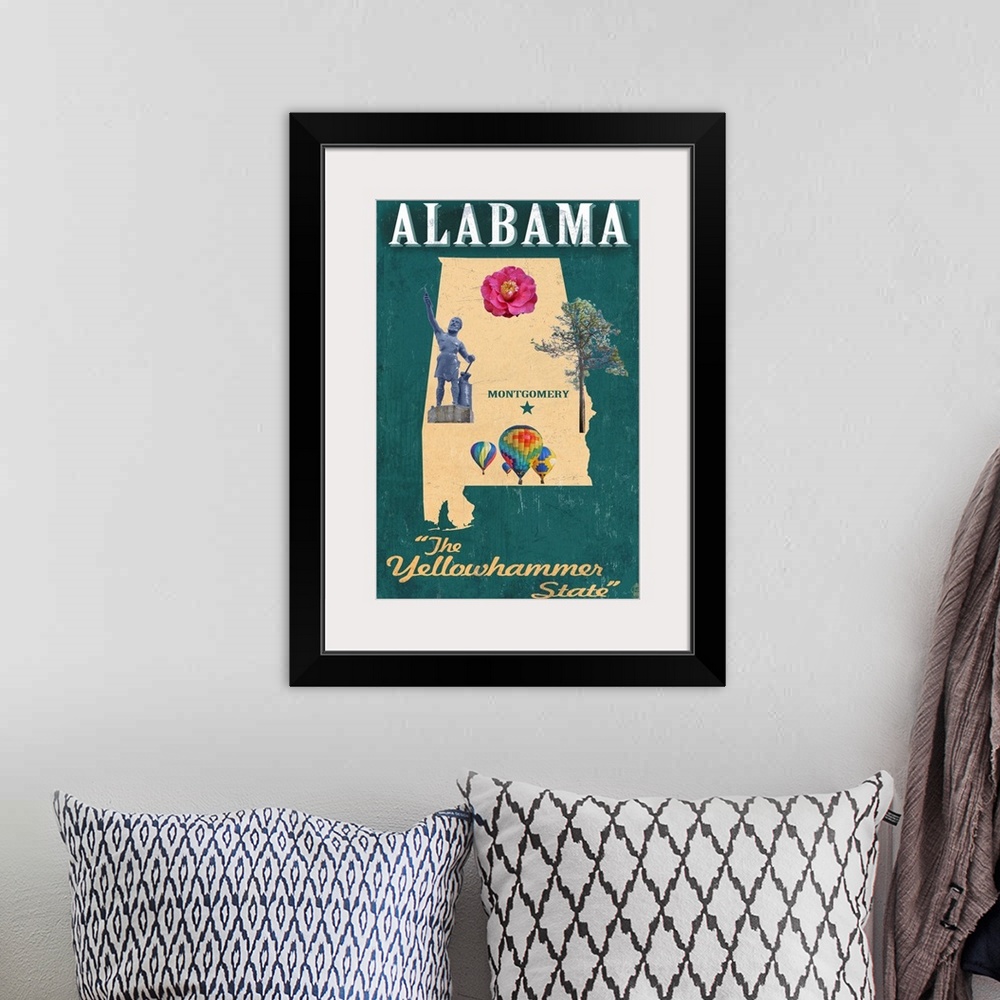 A bohemian room featuring Alabama - State Icons: Retro Travel Poster
