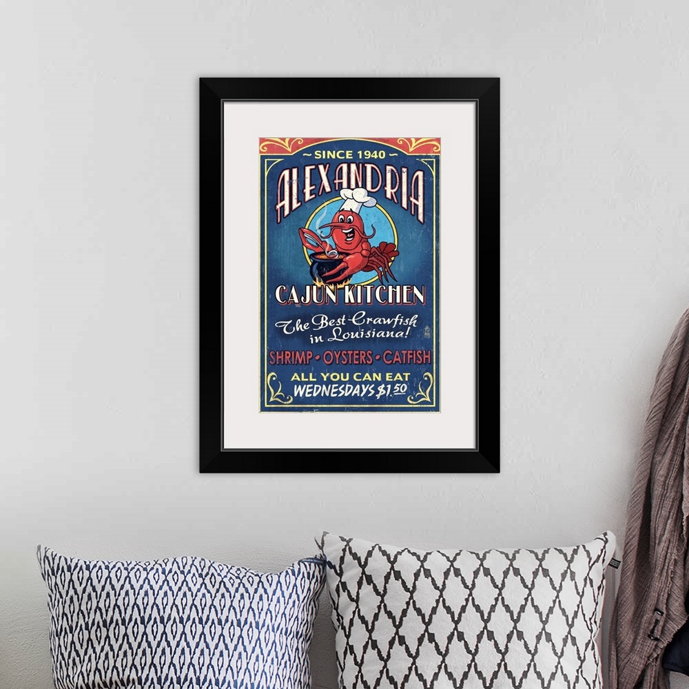 A bohemian room featuring Alexandria, Louisiana, Cajun Kitchen Crawfish, Vintage Sign