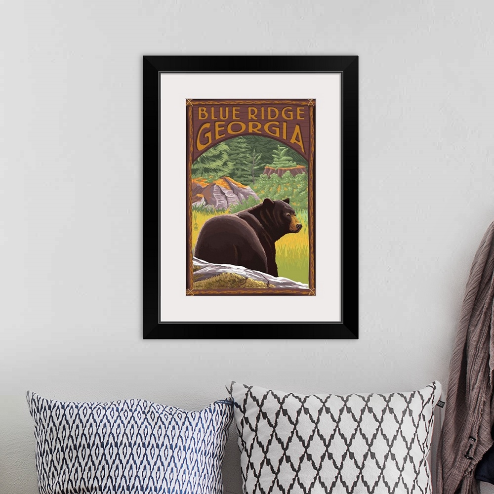 A bohemian room featuring Retro stylized art poster of an adult black bear standing in a clearing of a pine forest with tre...