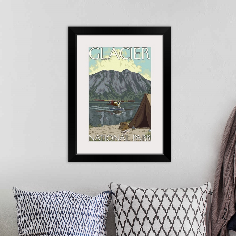 A bohemian room featuring Bush Plane and Fishing - Glacier National Park, MT: Retro Travel Poster