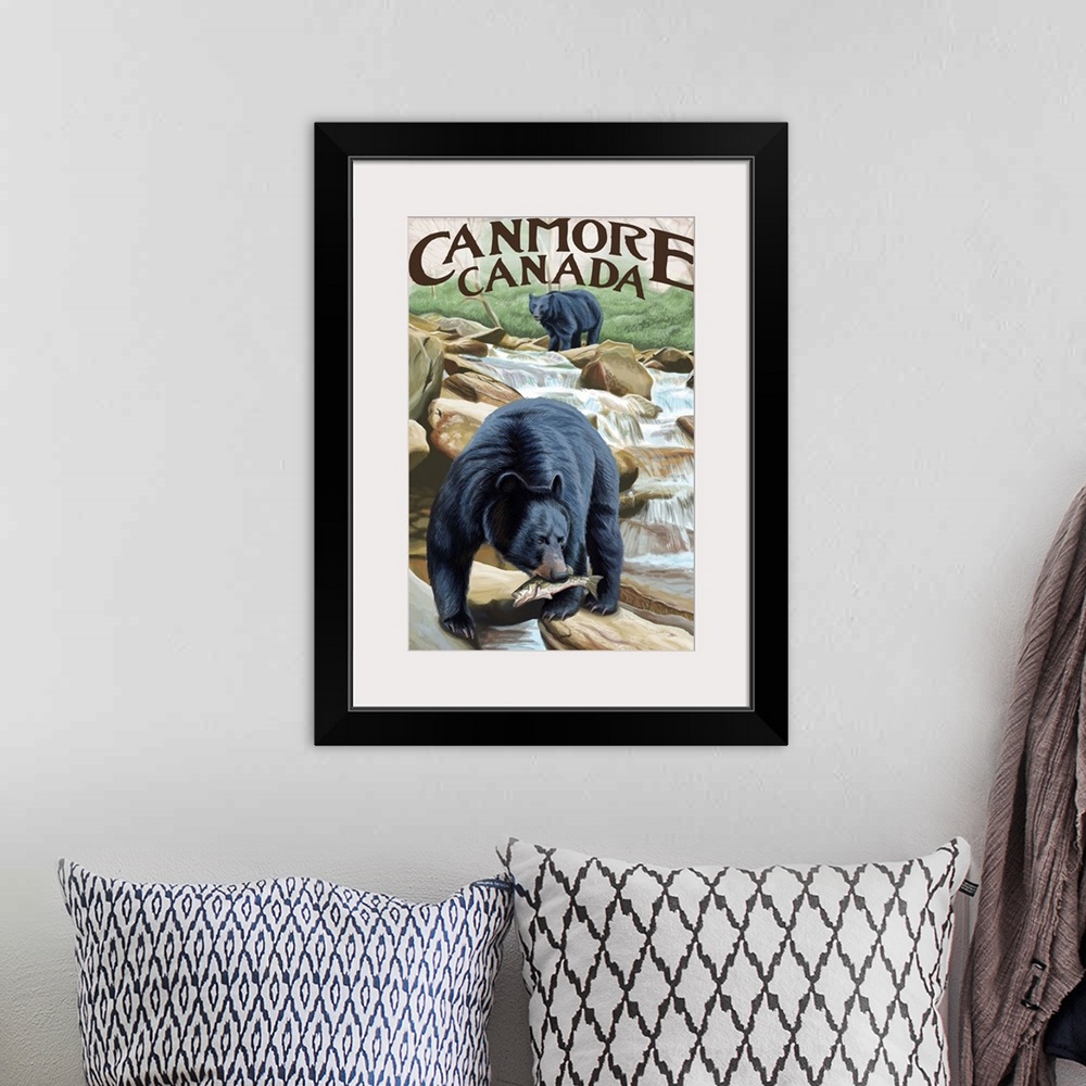 A bohemian room featuring Retro stylized art poster of a black bear catching fish from a stream in the wild.