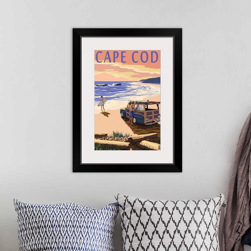 A bohemian room featuring Retro stylized art poster of a vintage woody wagon with surfers on the beach at sunset.