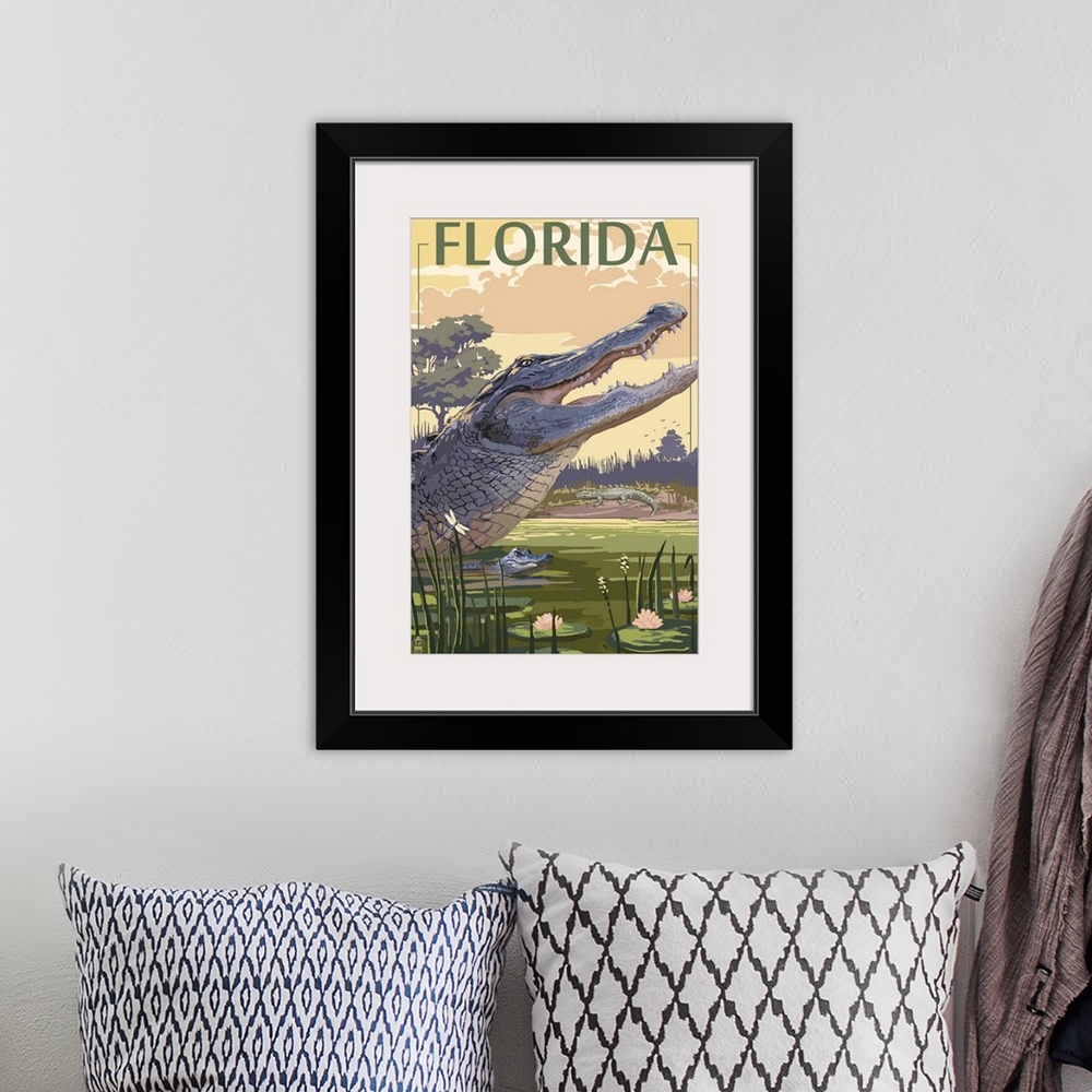 A bohemian room featuring Retro stylized art poster of a mother alligator with its baby wading in a swamp.