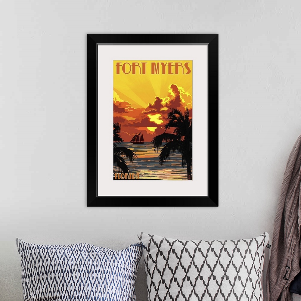 A bohemian room featuring Fort Myers, Florida - Sunset and Ship: Retro Travel Poster