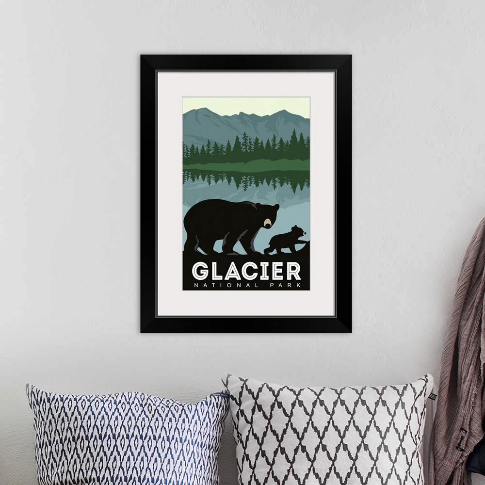 A bohemian room featuring Glacier National Park, Bear And Cub: Graphic Travel Poster
