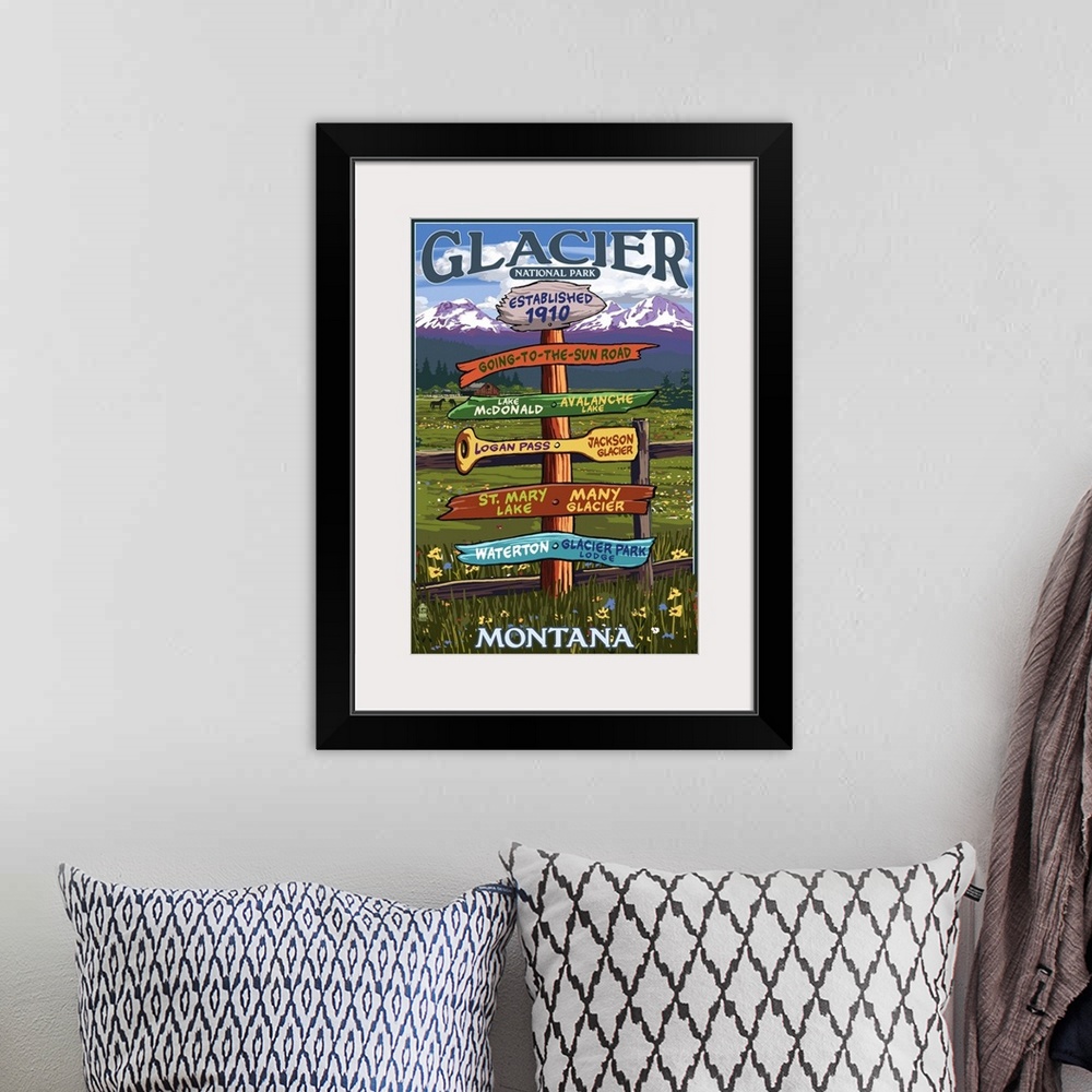 A bohemian room featuring Glacier National Park, Destination Sign: Retro Travel Poster