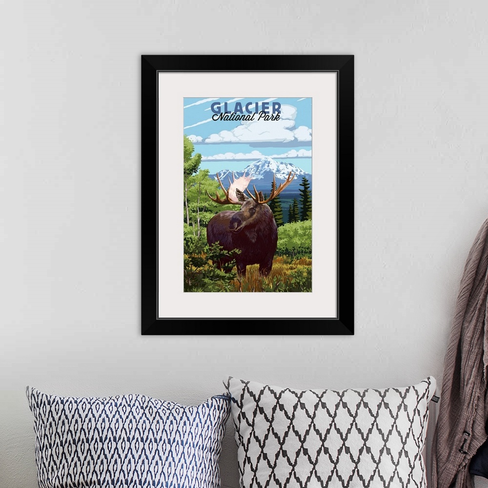 A bohemian room featuring Glacier National Park, Moose: Retro Travel Poster