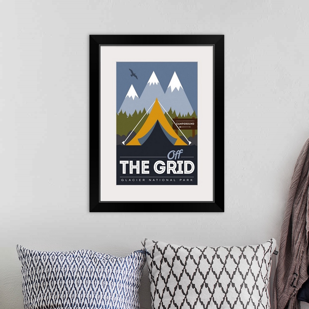 A bohemian room featuring Glacier National Park, Off Grid Campground: Graphic Travel Poster