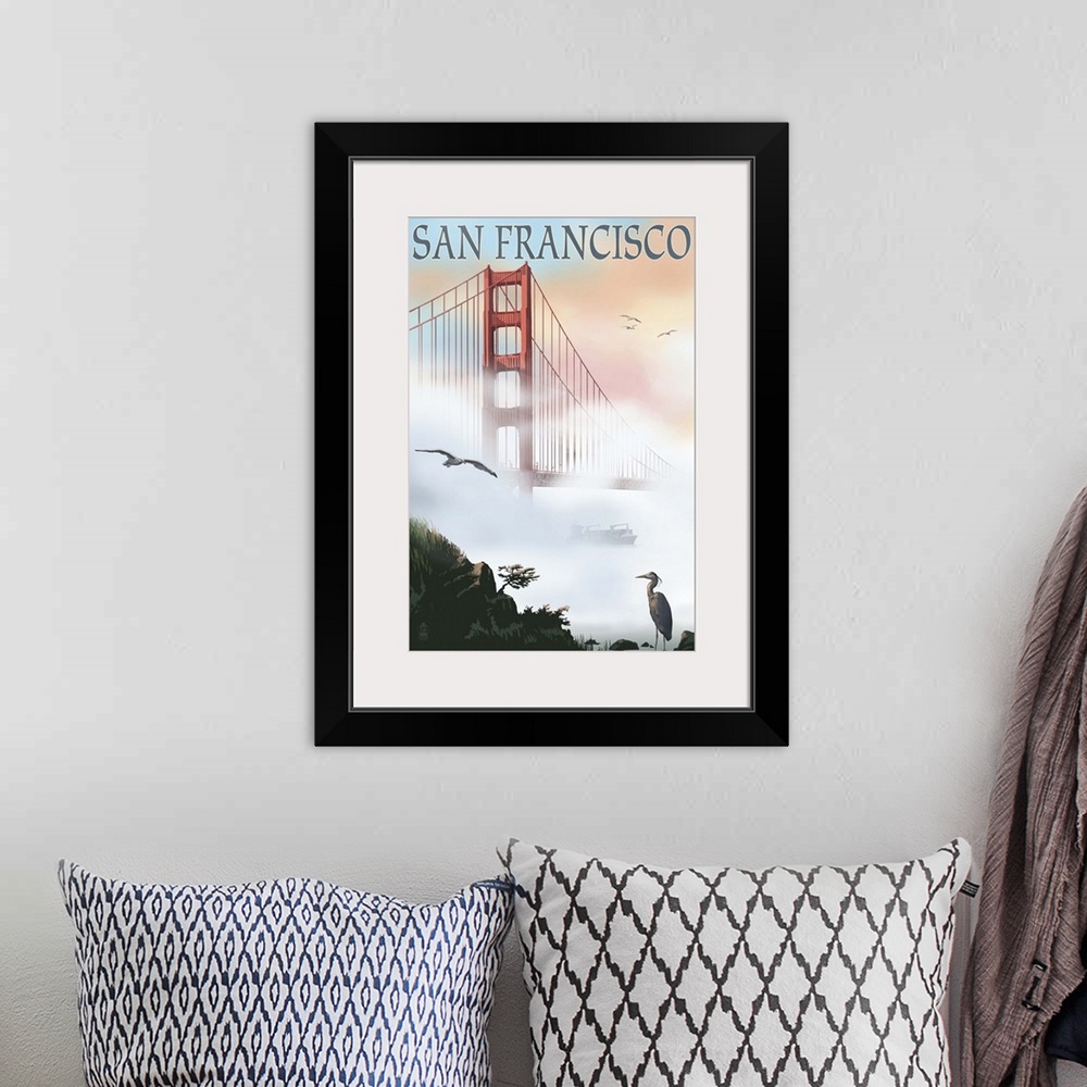 A bohemian room featuring Golden Gate Bridge in Fog - San Francisco, California: Retro Travel Poster