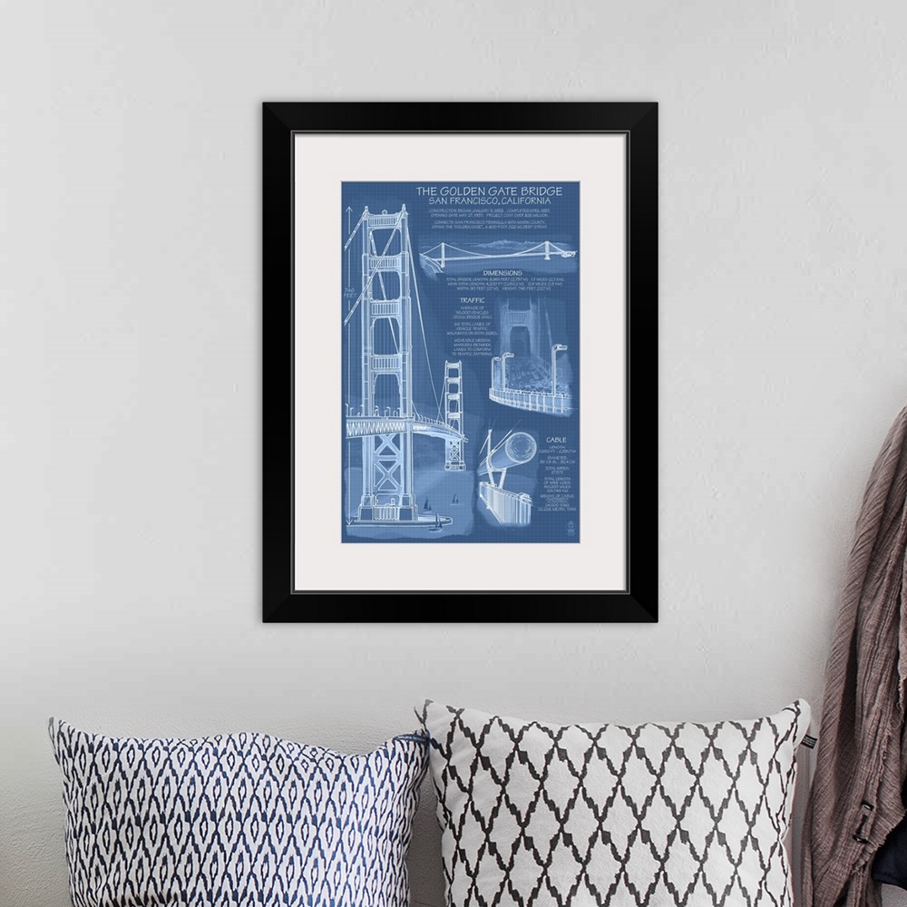 A bohemian room featuring Golden Gate Bridge - Technical (Blueprint): Retro Travel Poster