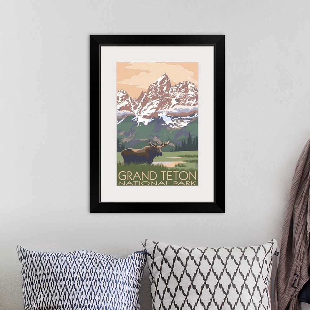 A bohemian room featuring Grand Teton National Park - Moose and Mountains: Retro Travel Poster