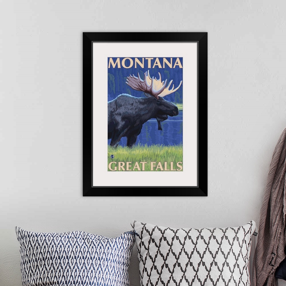 A bohemian room featuring Great Falls, Montana - Moose at Night: Retro Travel Poster