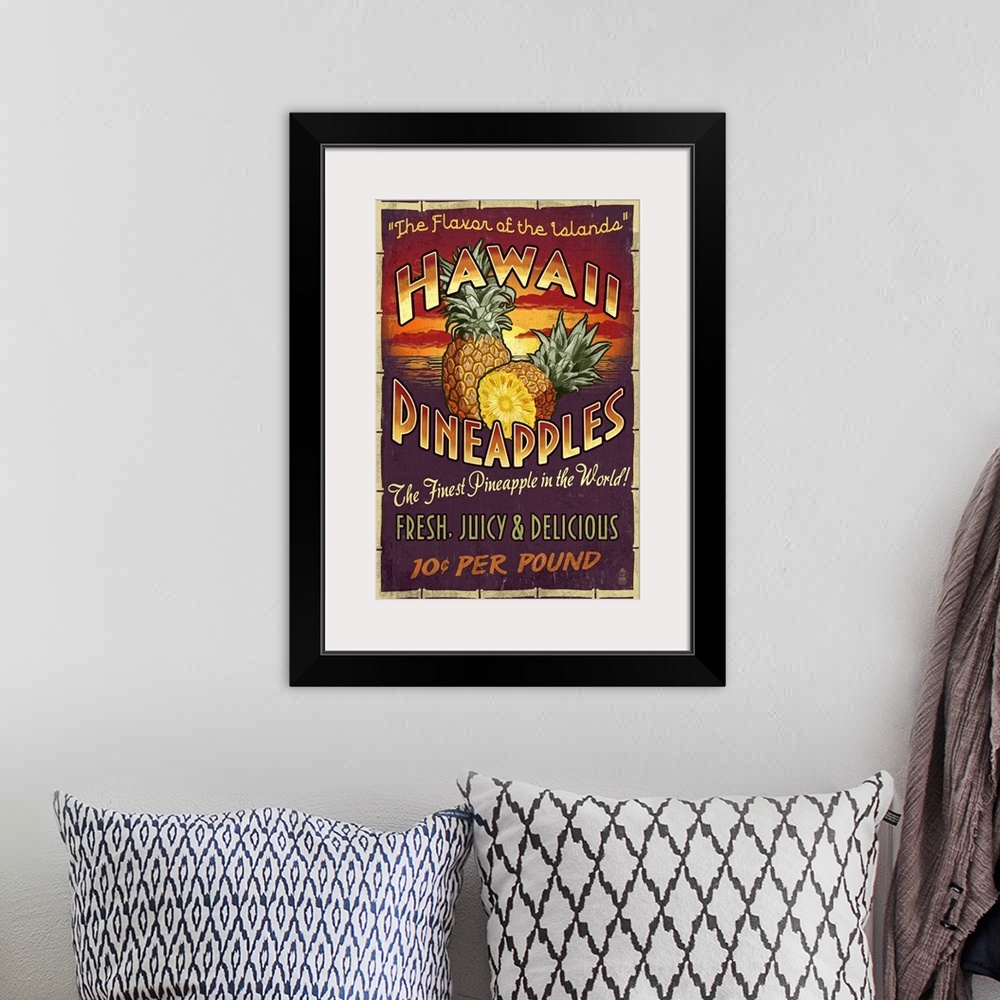 A bohemian room featuring Hawaiian Pineapple Vintage Sign: Retro Travel Poster
