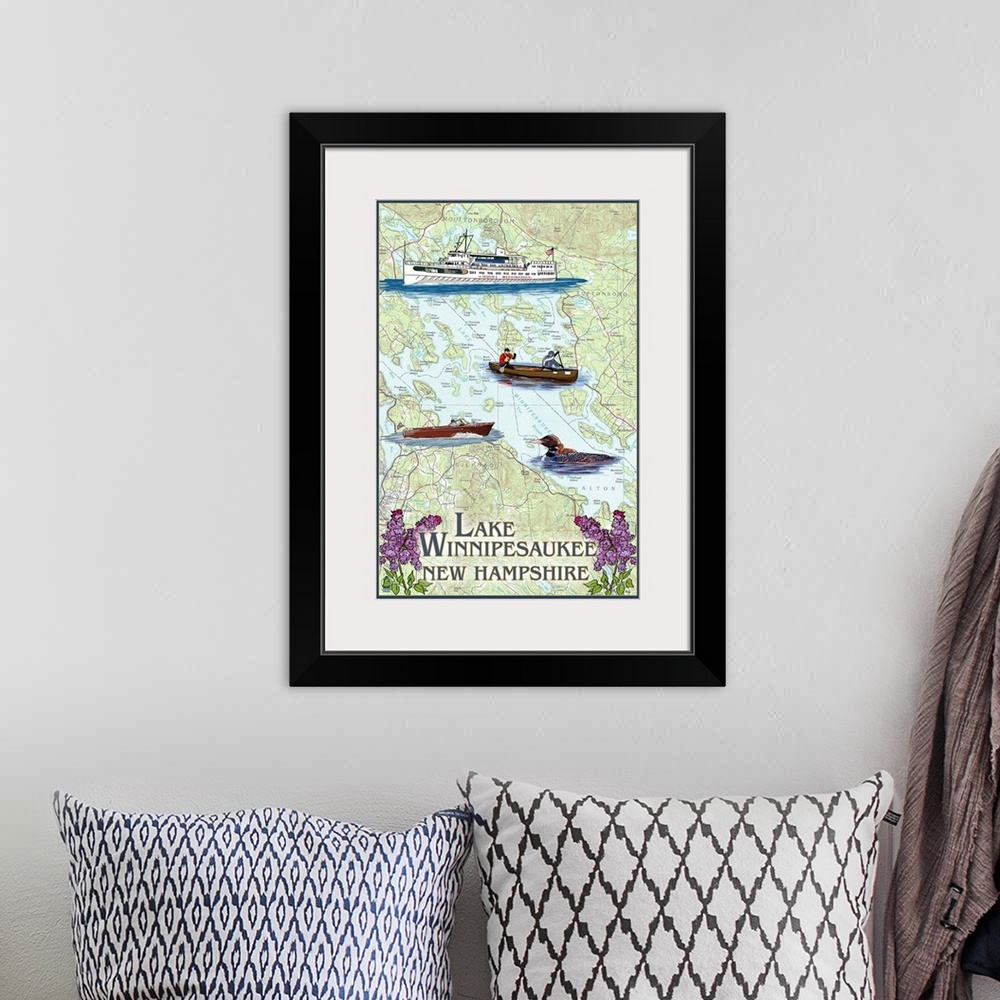 A bohemian room featuring Lake Winnipesaukee, New Hampshire - Lake Chart: Retro Travel Poster