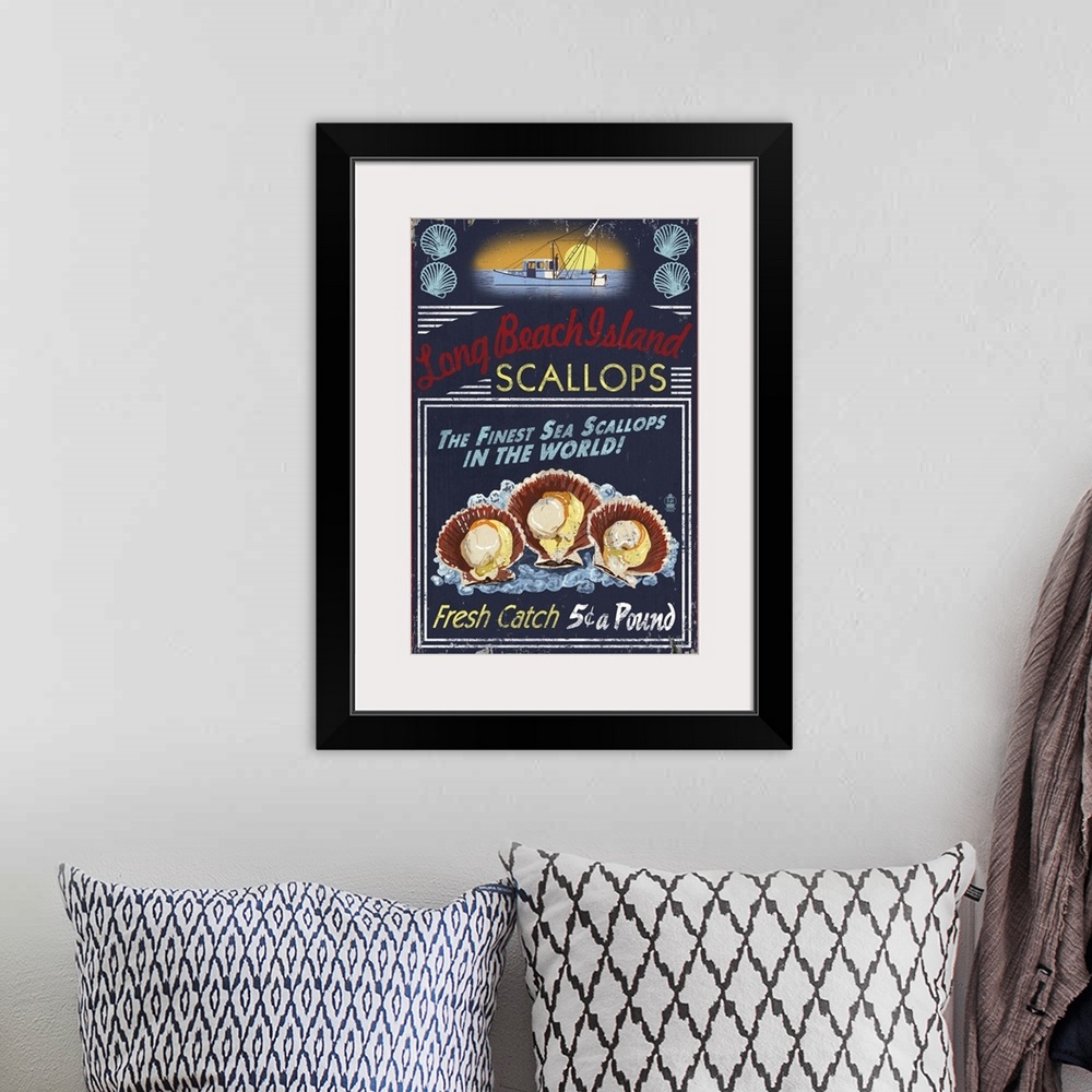 A bohemian room featuring Long Beach Island, New Jersey - Scallops Vintage Sign: Retro Travel Poster