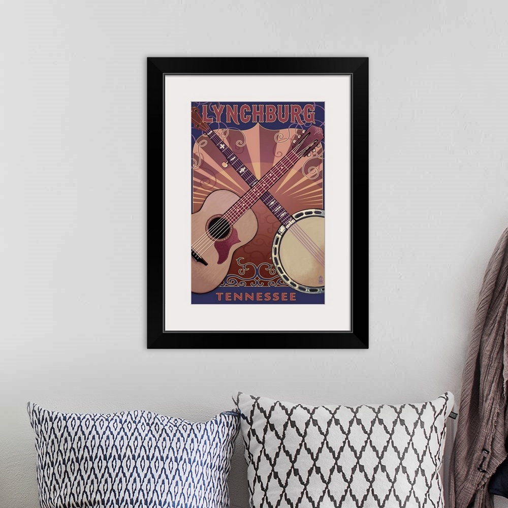 A bohemian room featuring Lynchburg, Tennessee - Guitar and Banjo Music: Retro Travel Poster
