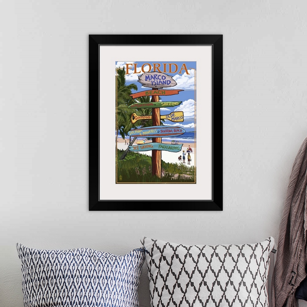 A bohemian room featuring Marco Island, Florida - Destinations Signpost: Retro Travel Poster