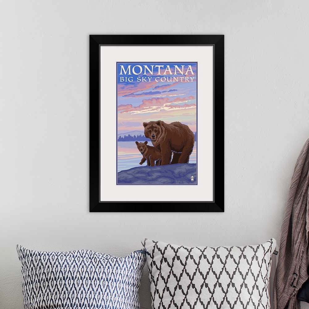 A bohemian room featuring Montana - Big Sky Country - Bear and Cub: Retro Travel Poster