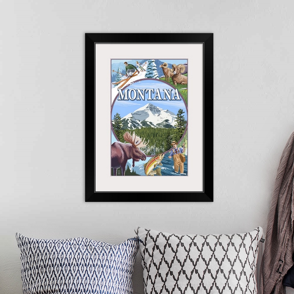 A bohemian room featuring Retro stylized art poster of a moose and fisherman with a skier and full curl sheep.