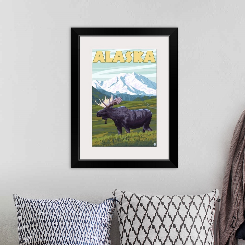 A bohemian room featuring Moose and Mountain - Alaska: Retro Travel Poster