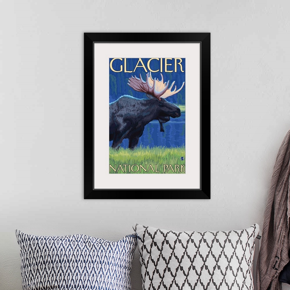 A bohemian room featuring Moose at Night - Glacier National Park, Montana: Retro Travel Poster