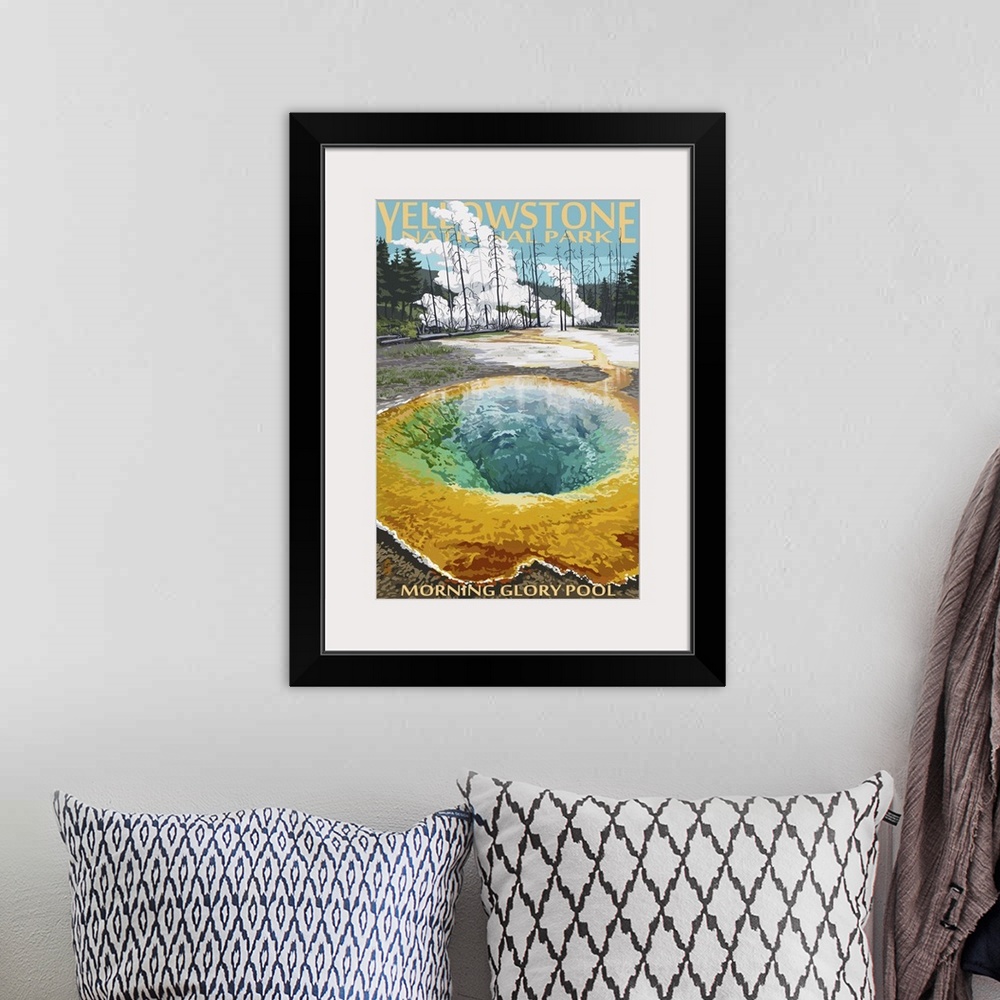 A bohemian room featuring Retro stylized art poster of a geothermal pool. With bare trees and steam in the background.