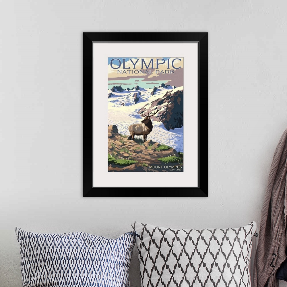 A bohemian room featuring Mt. Olympus and Elk - Olympic National Park, Washington: Retro Travel Poster