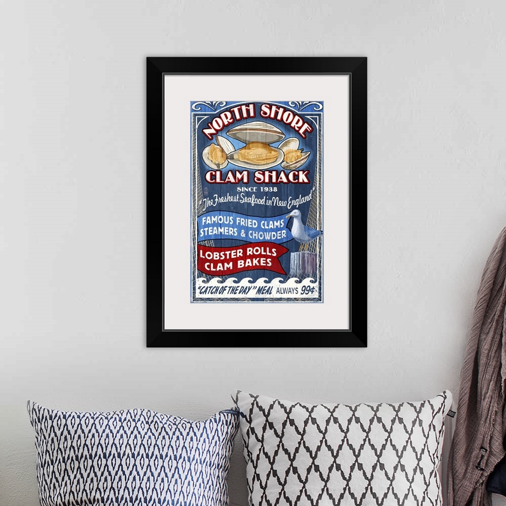 A bohemian room featuring New England - Clam Shack Vintage Sign: Retro Travel Poster
