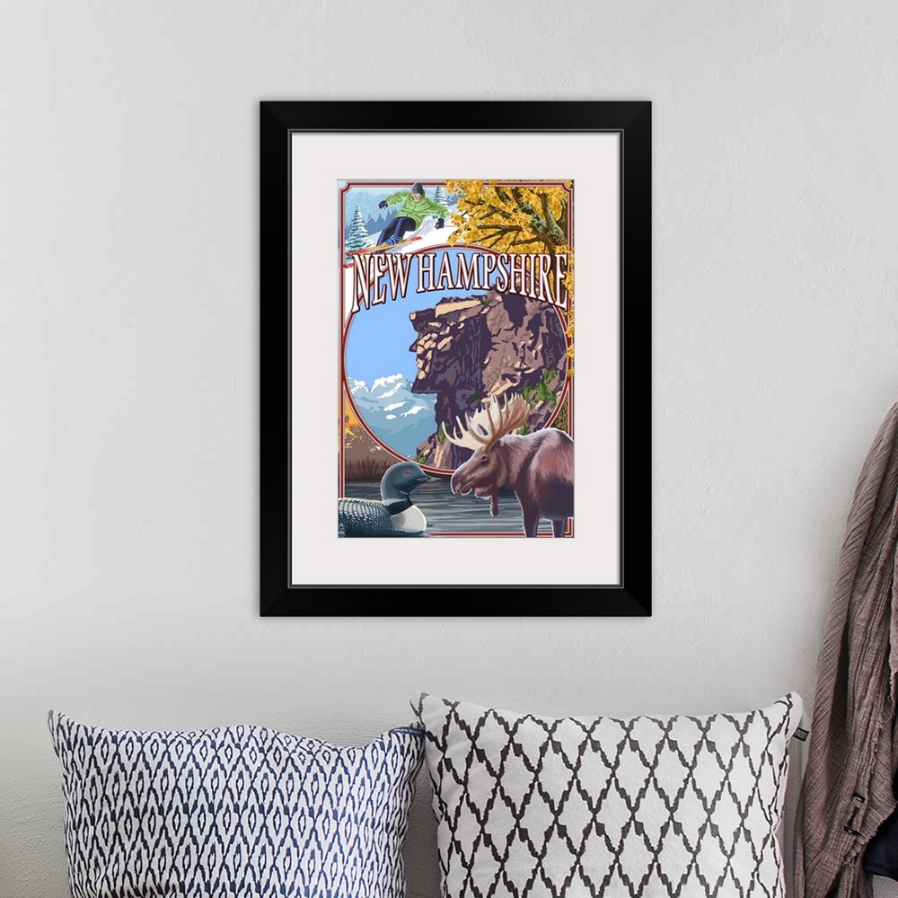 A bohemian room featuring New Hampshire - Montage Scenes w/ Old Man: Retro Travel Poster
