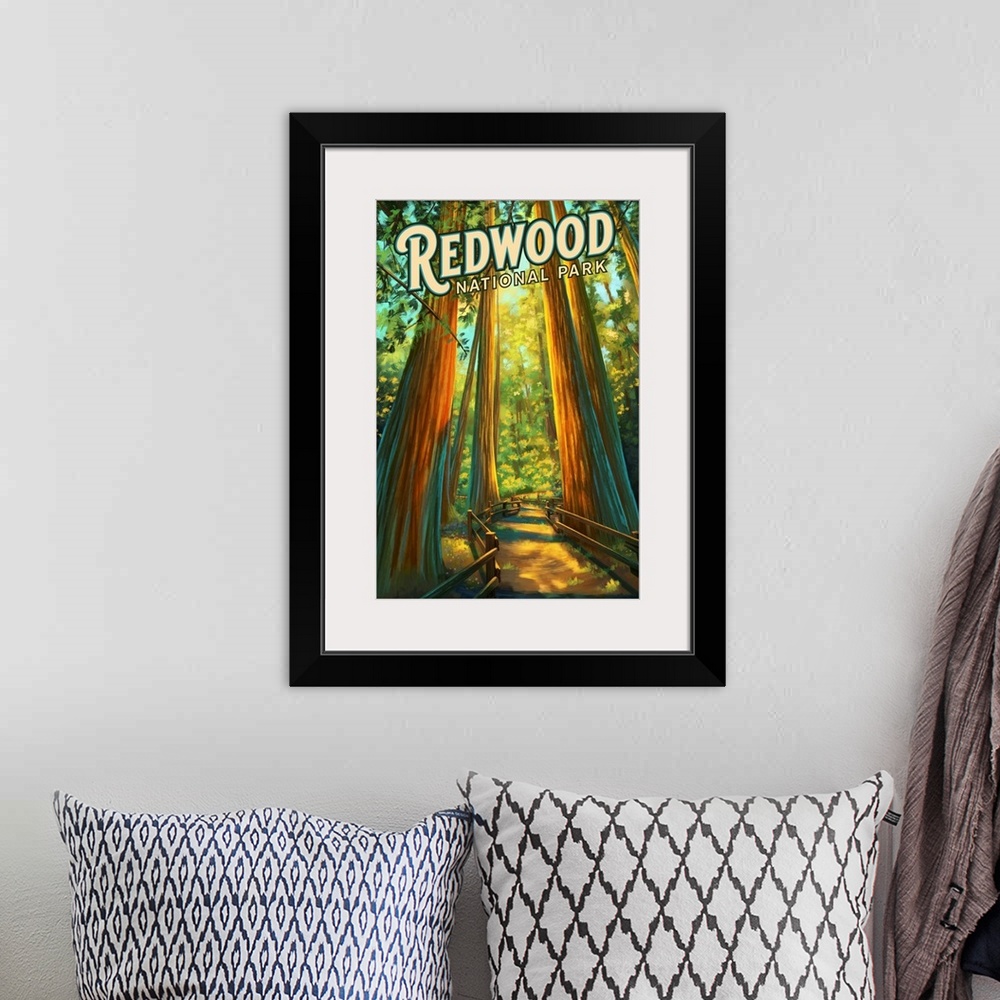 A bohemian room featuring Redwood National Park, Forest: Retro Travel Poster