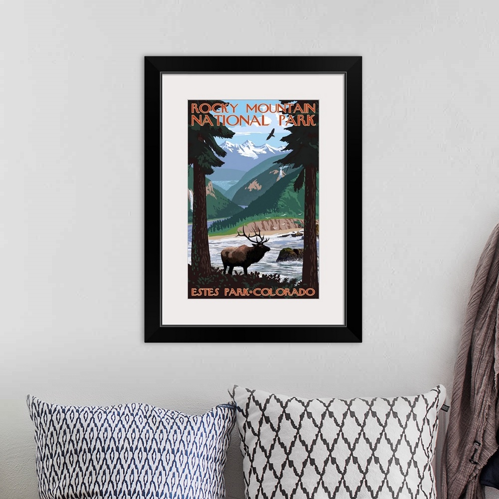 A bohemian room featuring Rocky Mountain National Park, Estes Park: Retro Travel Poster