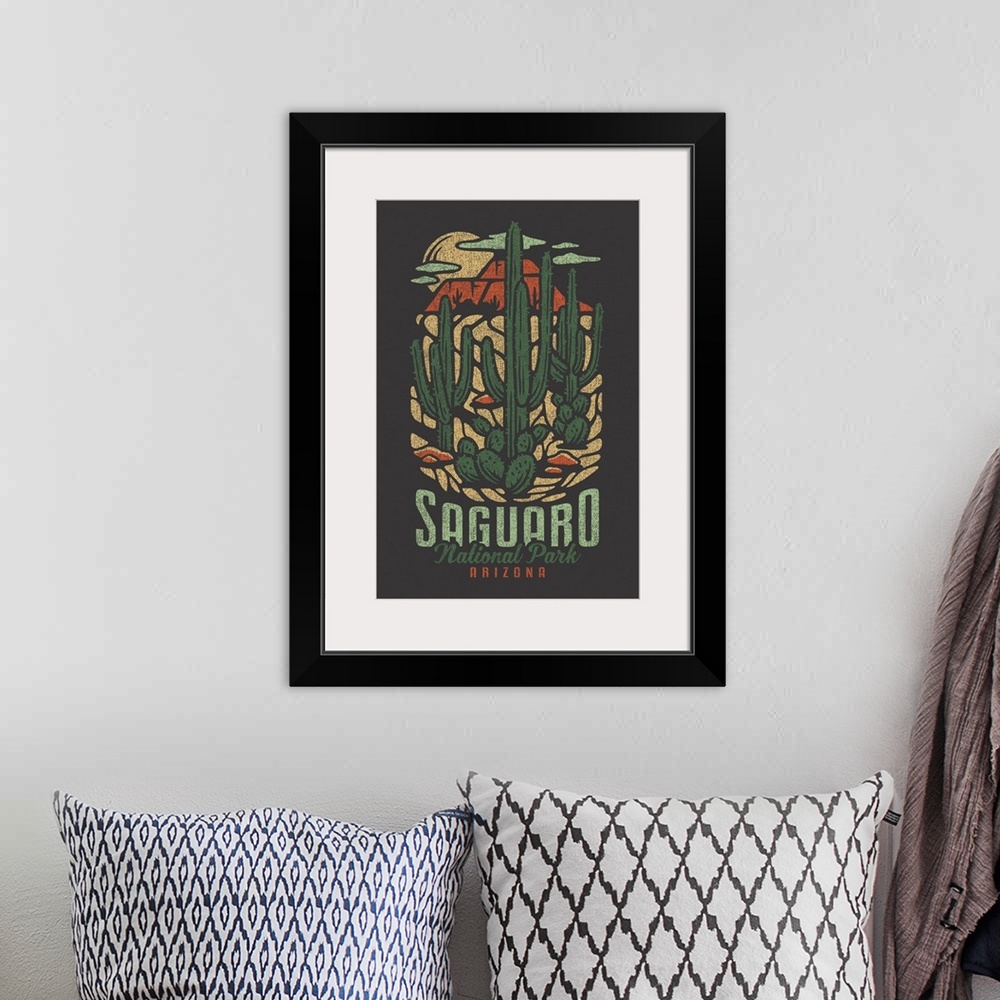 A bohemian room featuring Saguaro National Park, Cactus Night Landscape: Graphic Travel Poster
