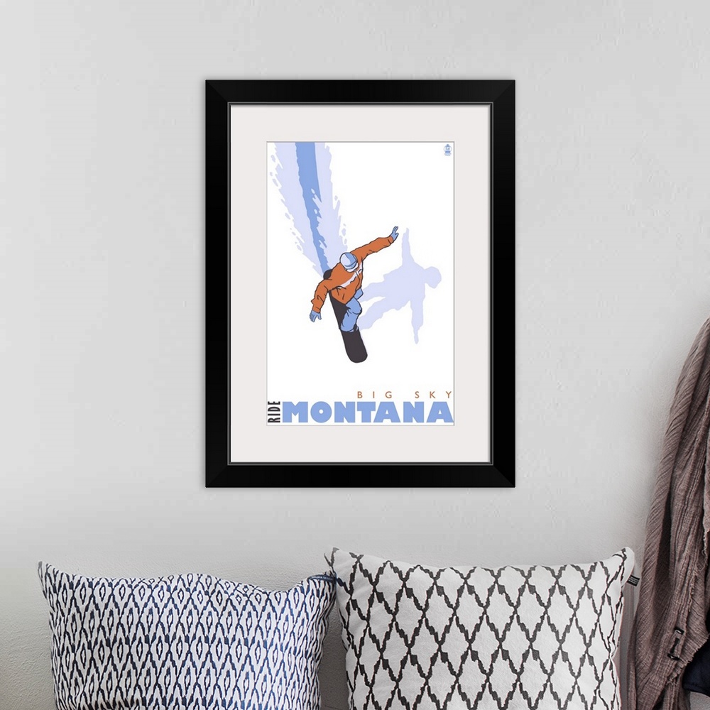 A bohemian room featuring Snowboard Stylized - Big Sky, Montana: Retro Travel Poster