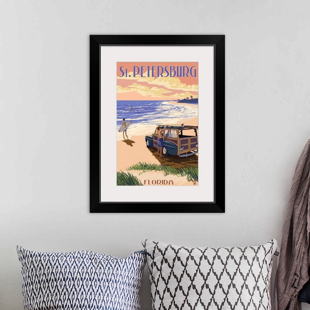 A bohemian room featuring St. Petersburg, Florida - Woody On The Beach: Retro Travel Poster