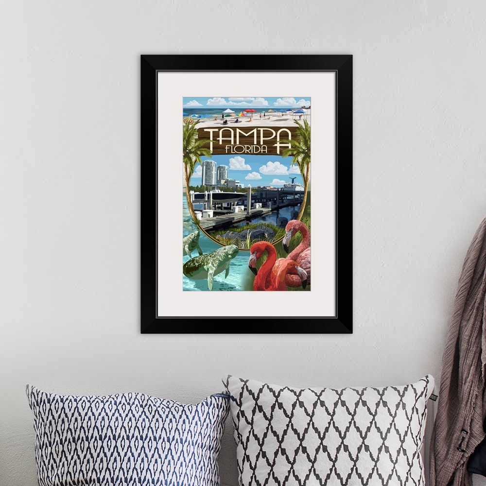 A bohemian room featuring Retro stylized art poster of flamingos, manatees and a beach montage.